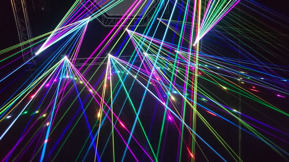 Dynamic multicolor laser beams create an electrifying display in a nighttime laser show